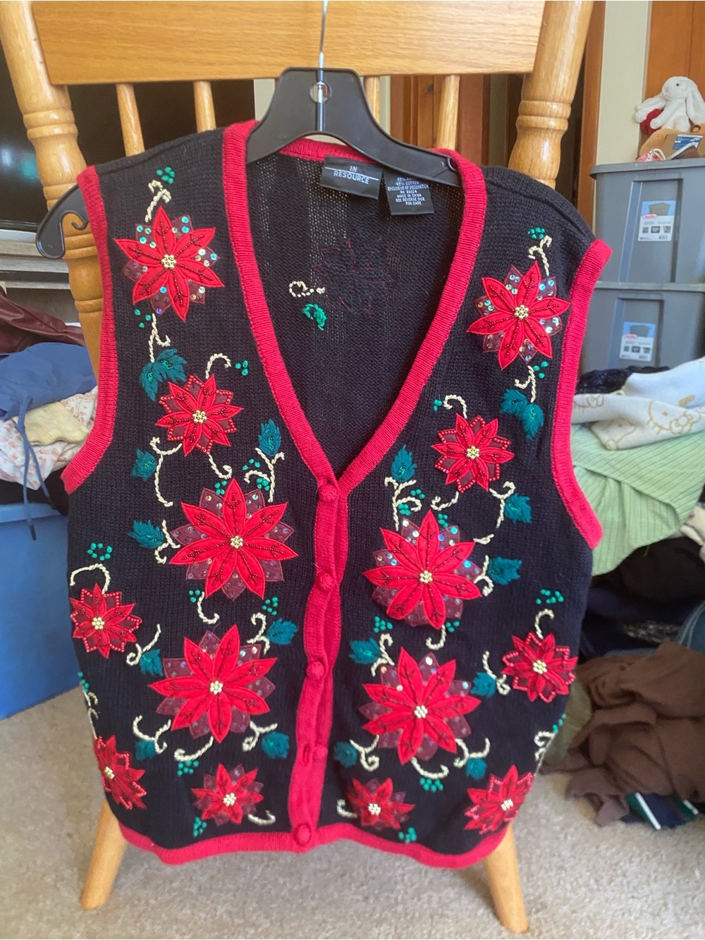 In resource Sweater Vest Size Medium Black Red Poinsettia Beaded